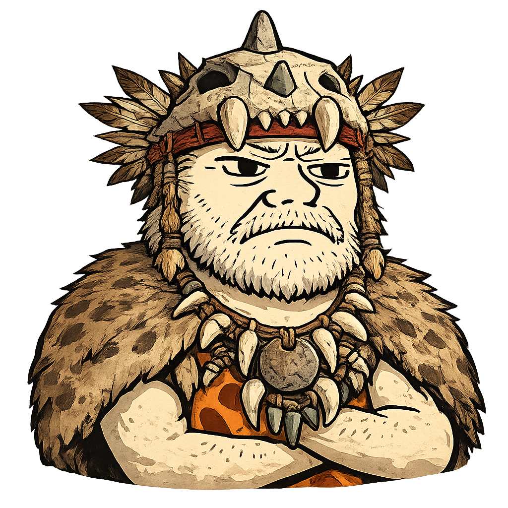 Chief Grug, wearing a skull-and-feather crown