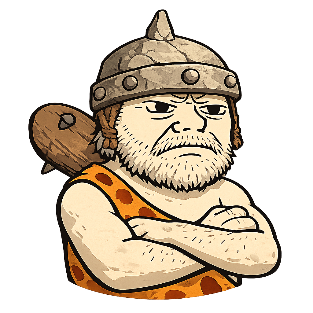 Guard Grug, wearing a stone helmet, arms crossed